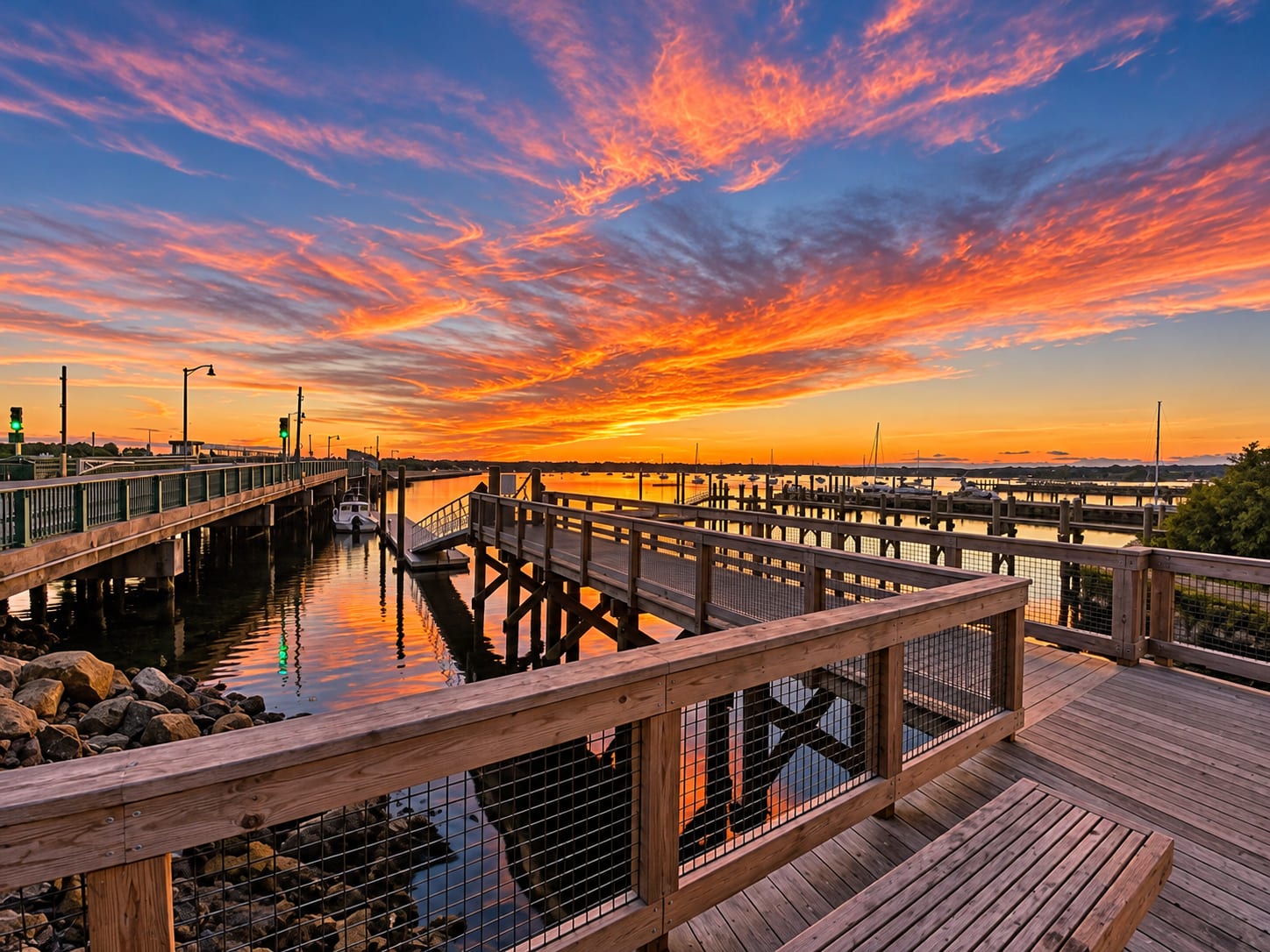The wooden walkway and docks at the Padanaram bridge under a blazing orange and pink sunset.