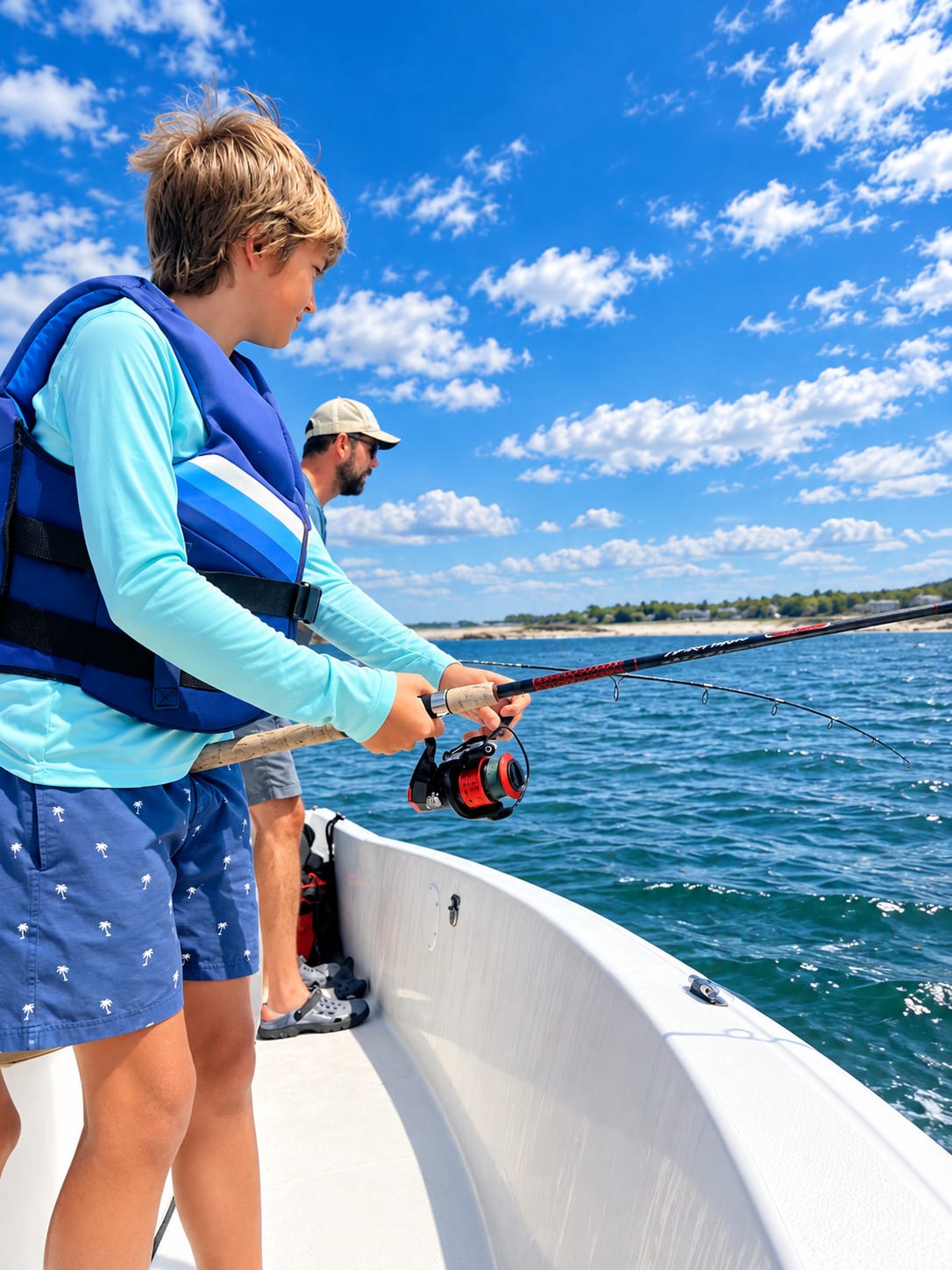A boy in a life jacket casting from the bow of a center console off a Dartmouth beach on a bright summer day.