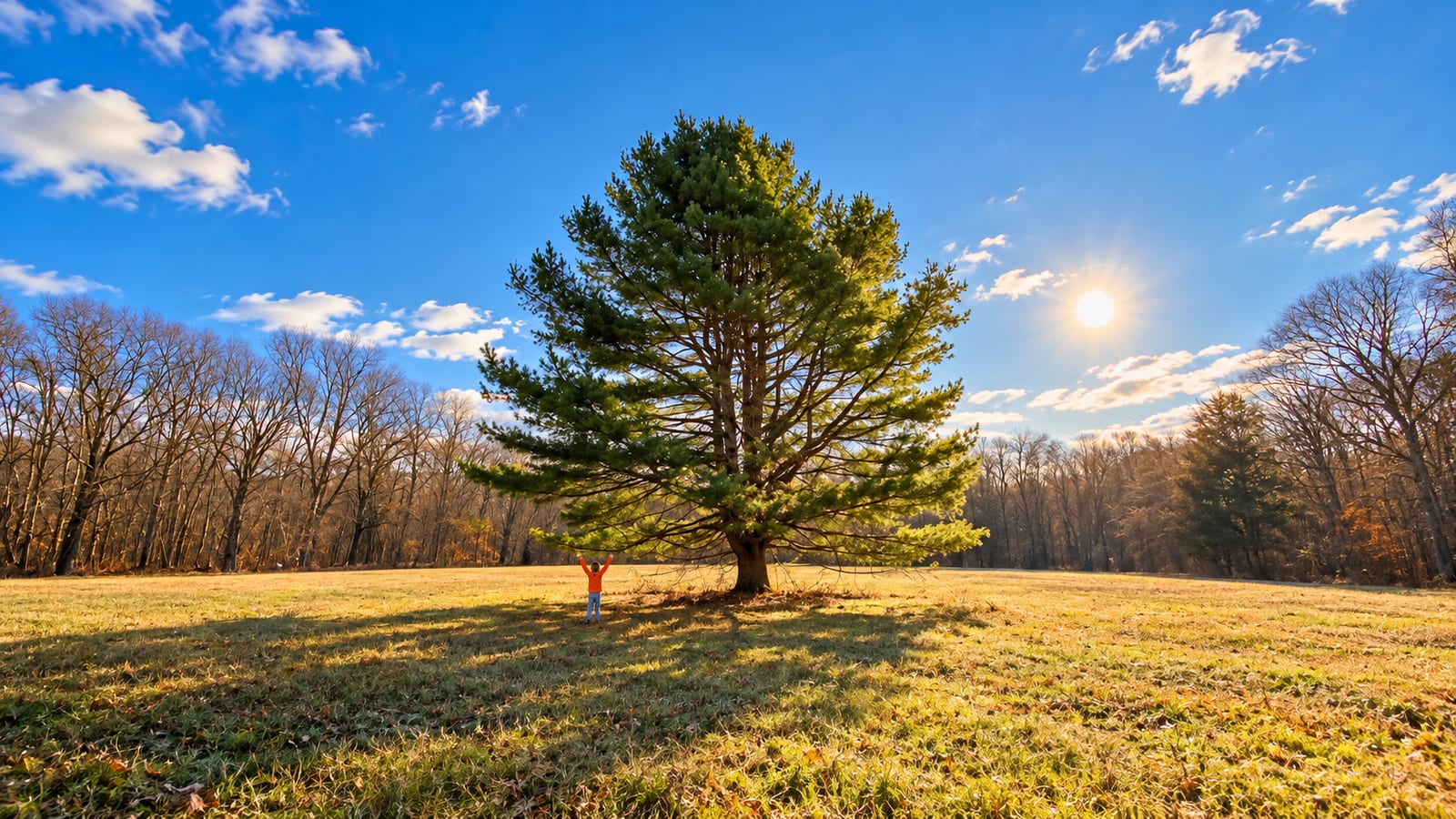 A lone white pine in a sunlit winter hayfield, a child with arms raised beneath it, bare woods all around.