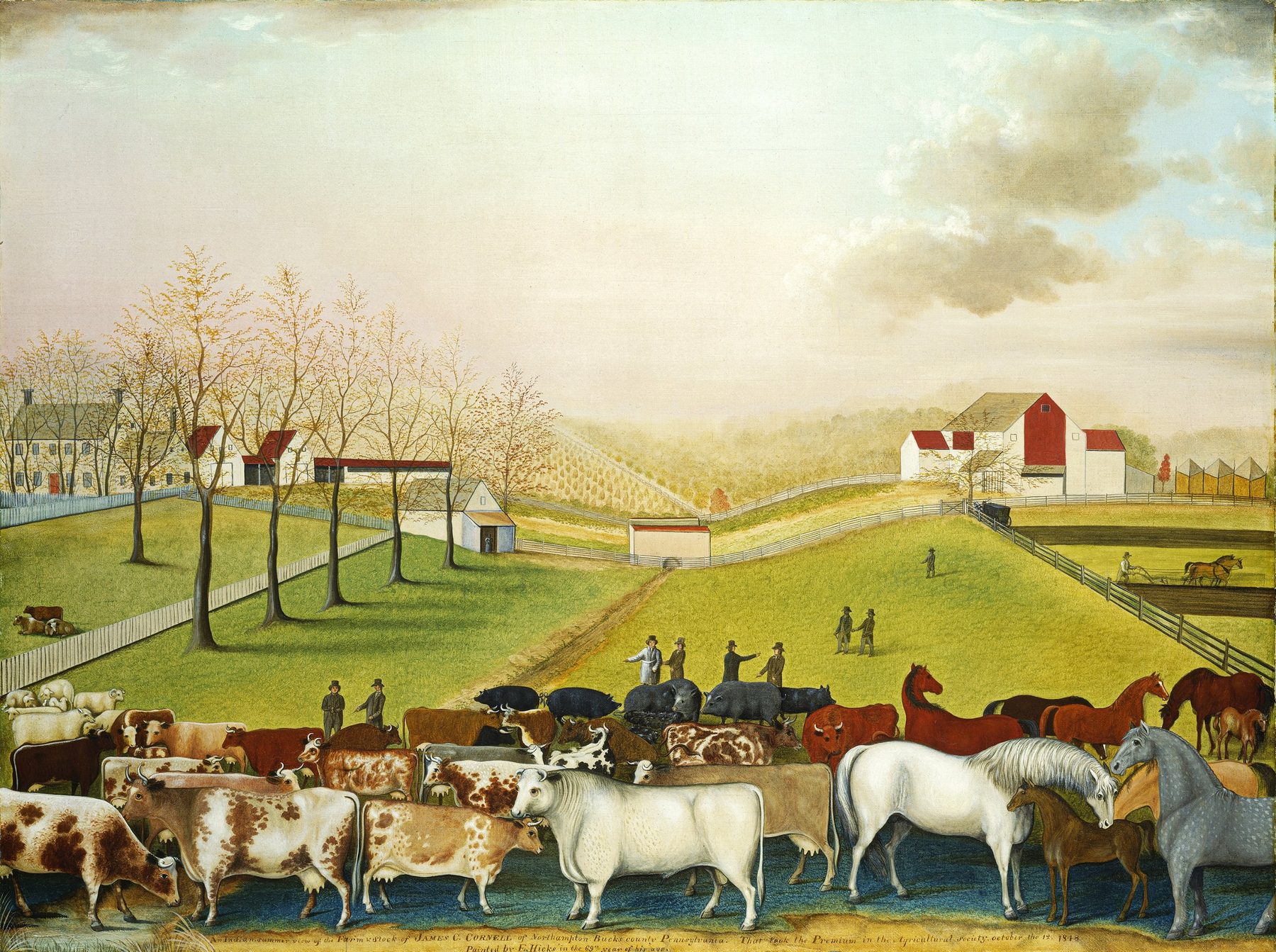 The Cornell Farm, an 1848 painting by Edward Hicks of cattle, horses and sheep before a farmstead.